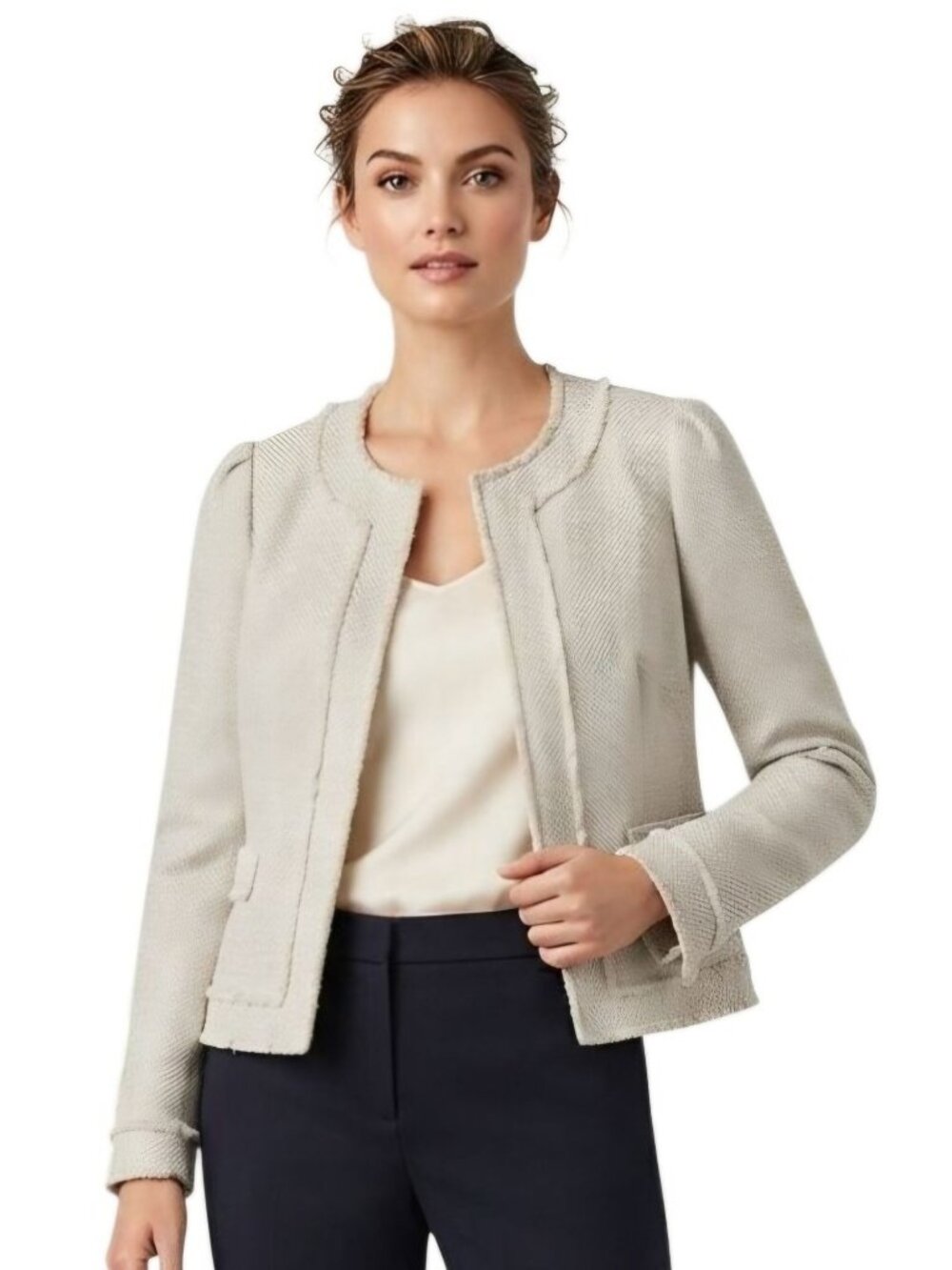 Ann Taylor Beige Tweed Fringe Detail Hook And Eye Lady Jacket Career Size M